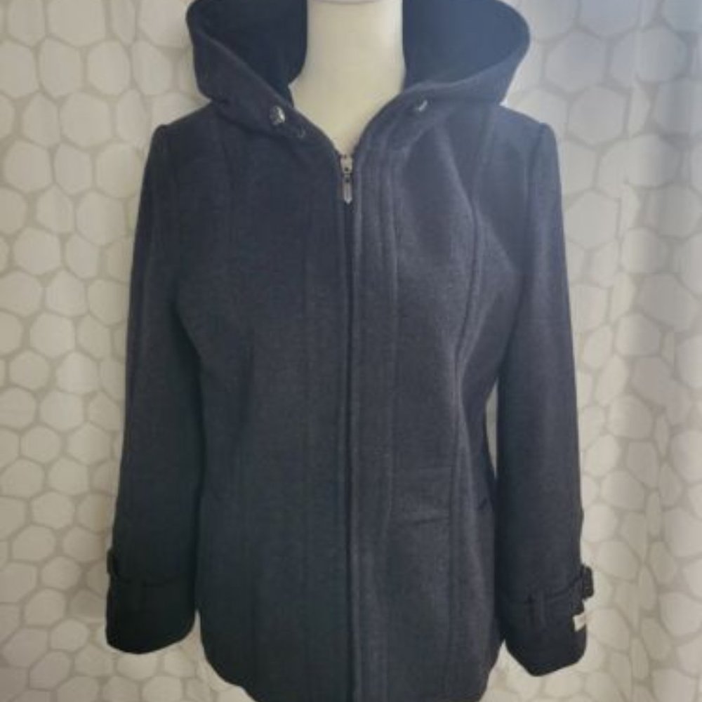 St Johns Bay Womens Charcoal Wool Cashmere Blend Hood Coat Zip Pea Coat Med
